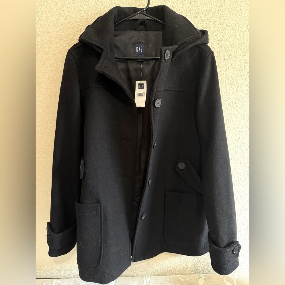GAP Women Black Pea Coat with Hood. NWT